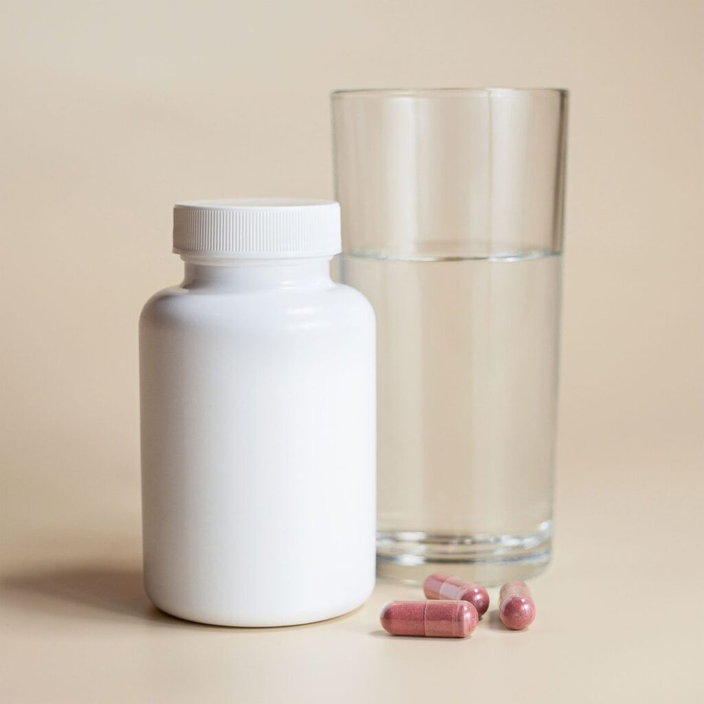 White supplement bottle beside a glass of water and two capsules